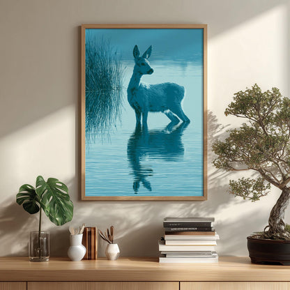 Blue Deer Wall Art, Deer Reflection Poster Print, Woodland Animal Picture, Lake Nursery Bedroom Decor