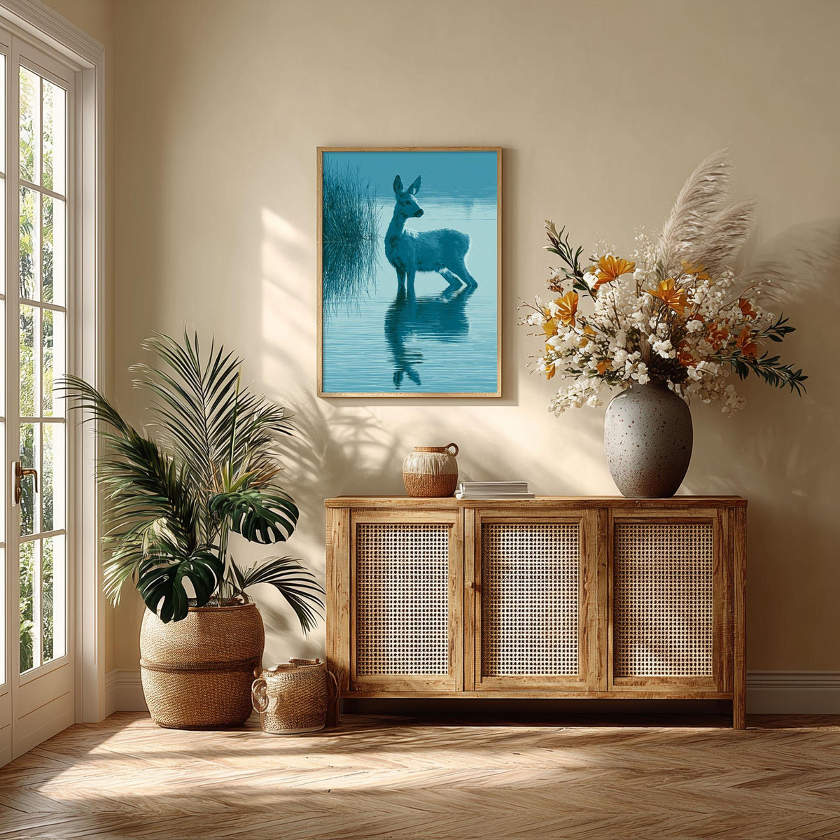 Blue Deer Wall Art, Deer Reflection Poster Print, Woodland Animal Picture, Lake Nursery Bedroom Decor