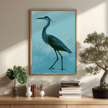 Blue Heron Wall Art, Great Blue Heron Poster Print, Marsh Bird Picture, Coastal Bathroom Lake House Decor