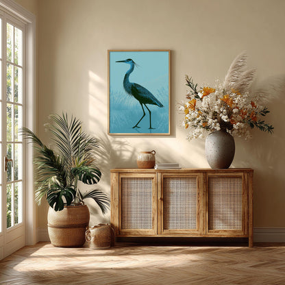 Blue Heron Wall Art, Great Blue Heron Poster Print, Marsh Bird Picture, Coastal Bathroom Lake House Decor