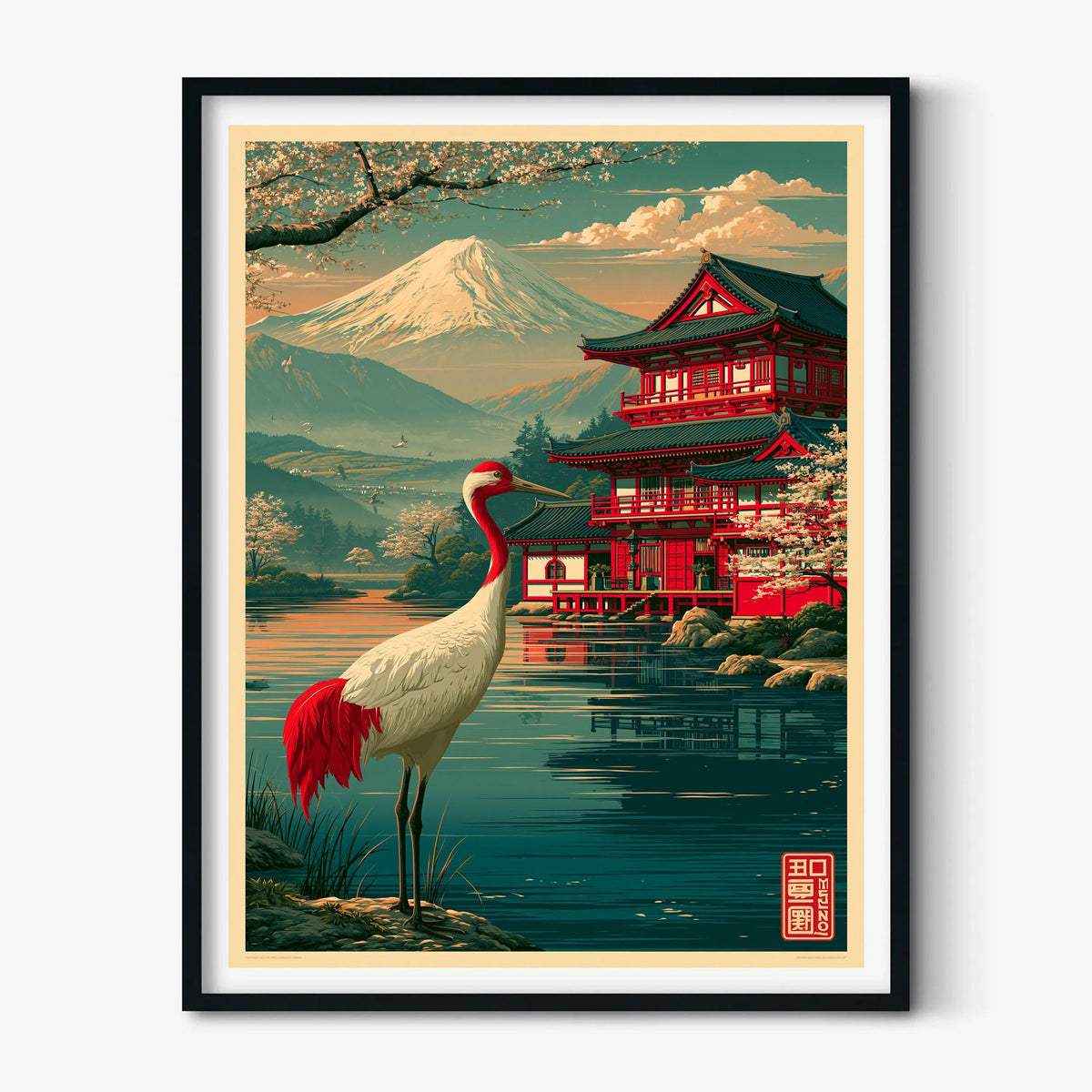 Japanese Crane Wall Art, Mount Fuji Poster Print, Red Crowned Bird Picture, Pagoda Lake Decor