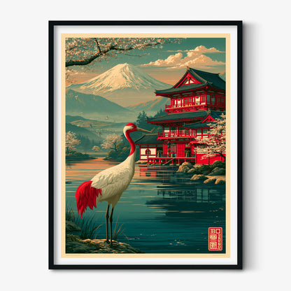 Japanese Crane Wall Art, Mount Fuji Poster Print, Red Crowned Bird Picture, Pagoda Lake Decor