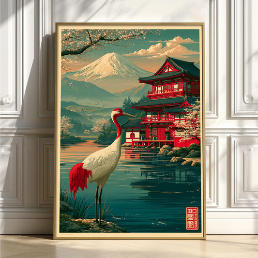 Japanese Crane Wall Art, Mount Fuji Poster Print, Red Crowned Bird Picture, Pagoda Lake Decor