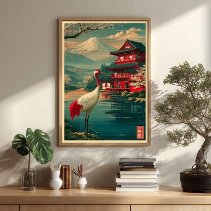 Japanese Crane Wall Art, Mount Fuji Poster Print, Red Crowned Bird Picture, Pagoda Lake Decor