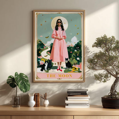 The Moon Tarot Print – Pink Lady & Black Cats | Celestial Witchy Wall Art