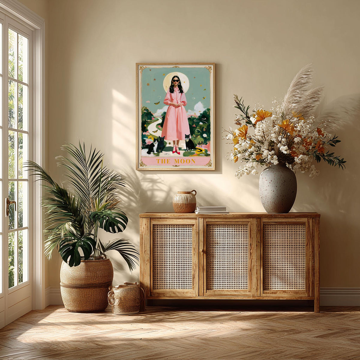 The Moon Tarot Print – Pink Lady & Black Cats | Celestial Witchy Wall Art