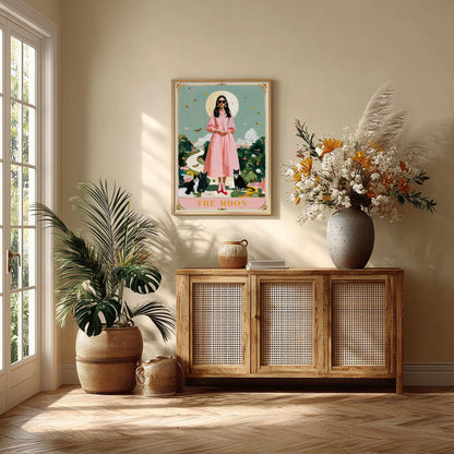 The Moon Tarot Print – Pink Lady & Black Cats | Celestial Witchy Wall Art