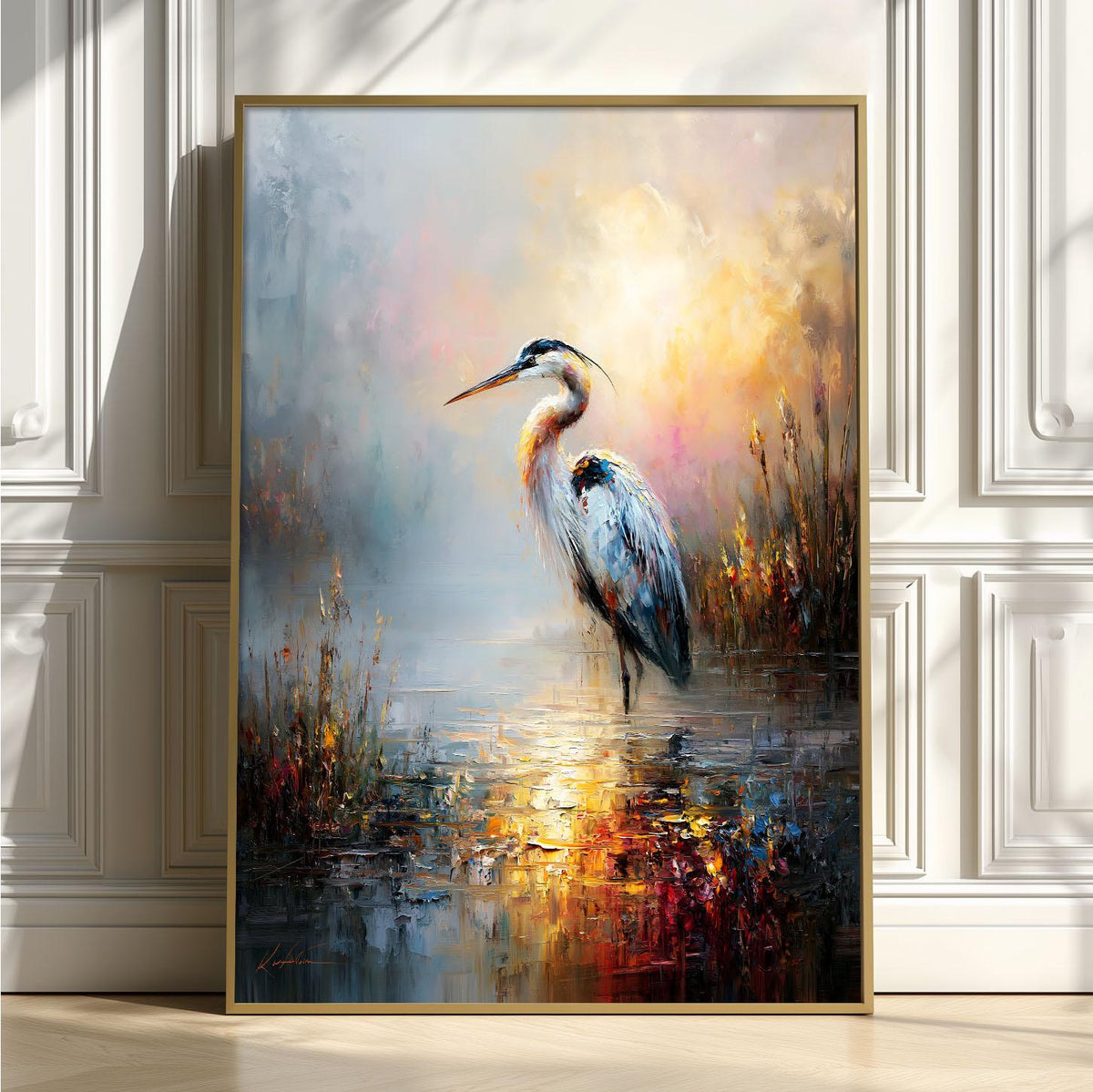 Heron Wall Art, Misty Marsh Bird Print, Blue Heron Poster, Wetland Wildlife Picture, Lake House Bathroom Decor
