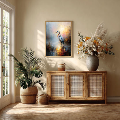 Heron Wall Art, Misty Marsh Bird Print, Blue Heron Poster, Wetland Wildlife Picture, Lake House Bathroom Decor