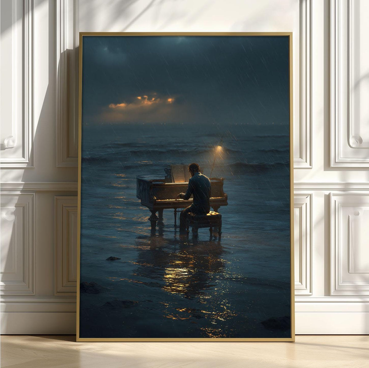 Piano Ocean Wall Art, Stormy Sea Music Print, Moody Pianist Poster, Rainy Night Seascape, Music Room Decor