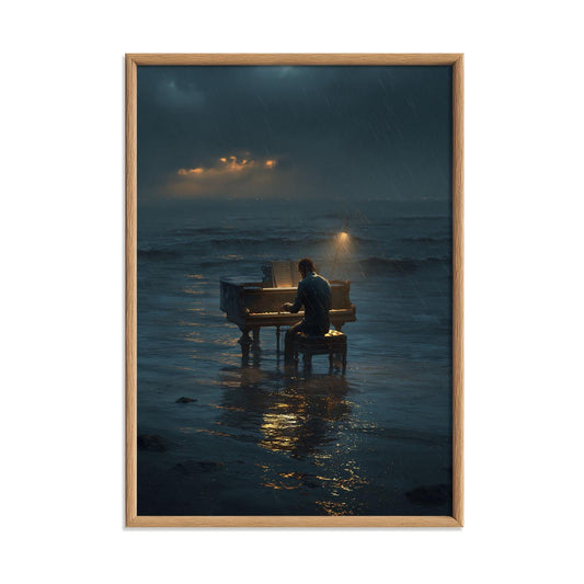 Piano Ocean Wall Art, Stormy Sea Music Print, Moody Pianist Poster, Rainy Night Seascape, Music Room Decor