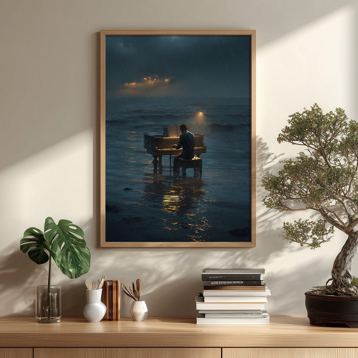 Piano Ocean Wall Art, Stormy Sea Music Print, Moody Pianist Poster, Rainy Night Seascape, Music Room Decor
