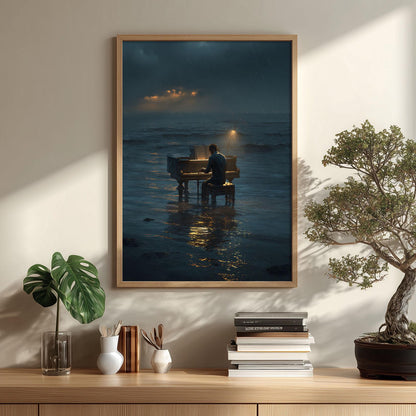 Piano Ocean Wall Art, Stormy Sea Music Print, Moody Pianist Poster, Rainy Night Seascape, Music Room Decor