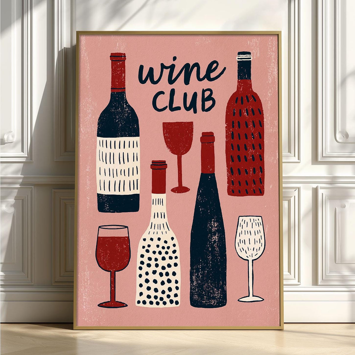 Wine Club Wall Art, Pink Wine Bottle Poster Print, Kitchen Bar Decor, Wine Lover Gift, Dining Room Ar