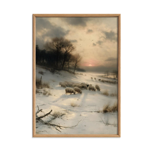 Winter Sheep Snowy Landscape Art Print, Rustic Farmhouse Cottage Decor