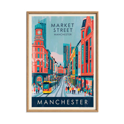 Market Street Manchester Print, Vintage Tram Scene, Cityscape Wall Art