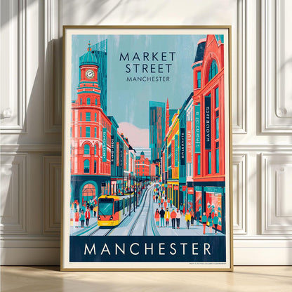 Market Street Manchester Print, Vintage Tram Scene, Cityscape Wall Art