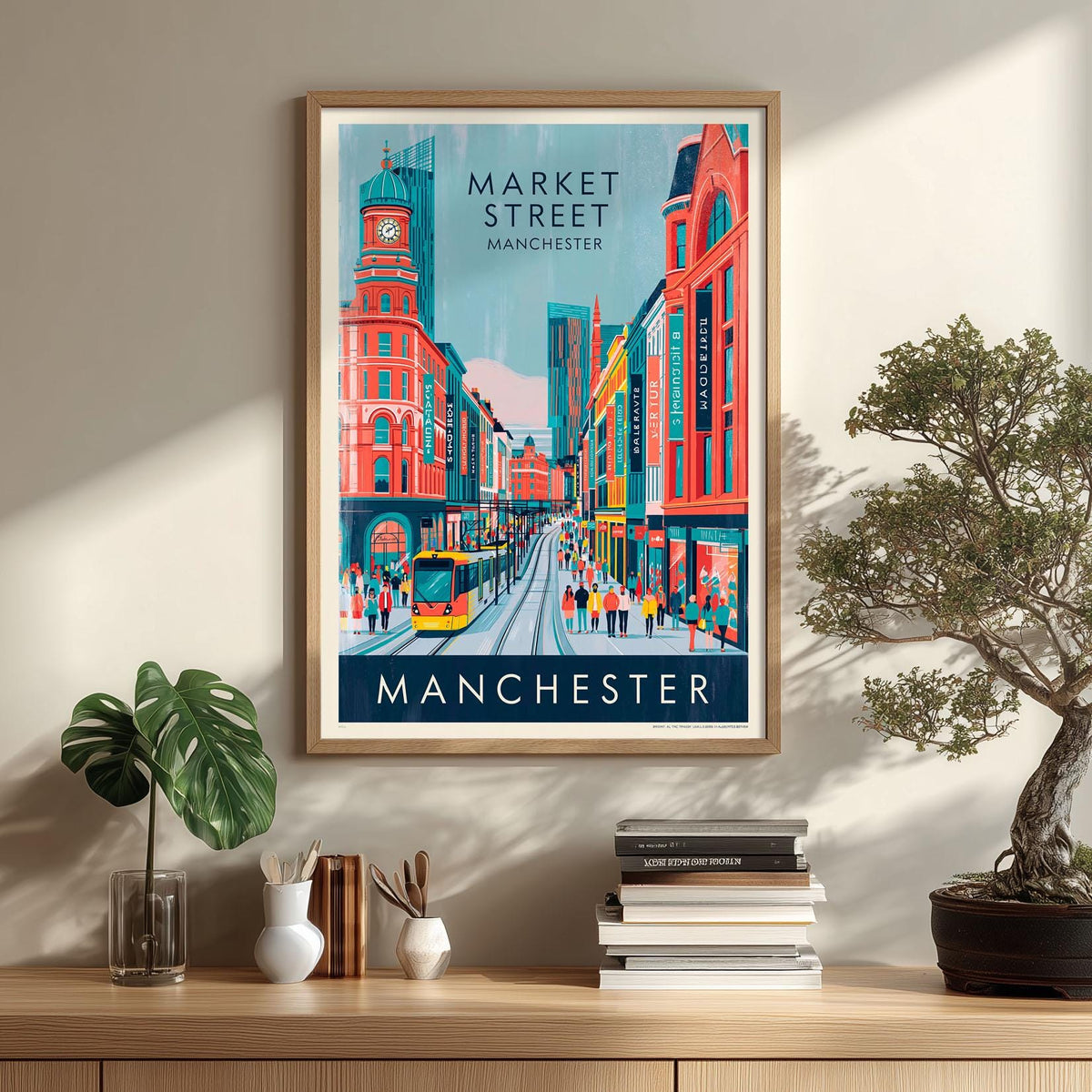 Market Street Manchester Print, Vintage Tram Scene, Cityscape Wall Art