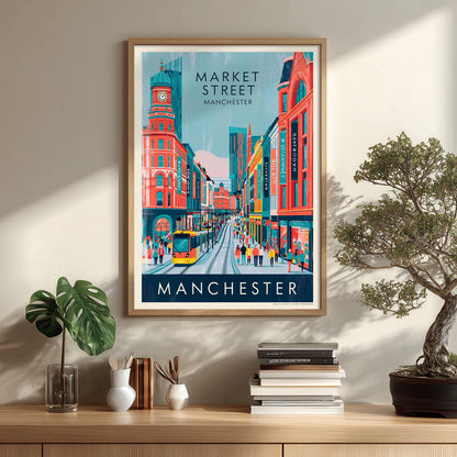 Market Street Manchester Print, Vintage Tram Scene, Cityscape Wall Art