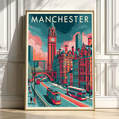 Manchester Wall Art, Manchester Poster Print, UK City Travel Picture, Tram Bus Street Scene, Office Decor