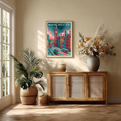 Manchester Wall Art, Manchester Poster Print, UK City Travel Picture, Tram Bus Street Scene, Office Decor