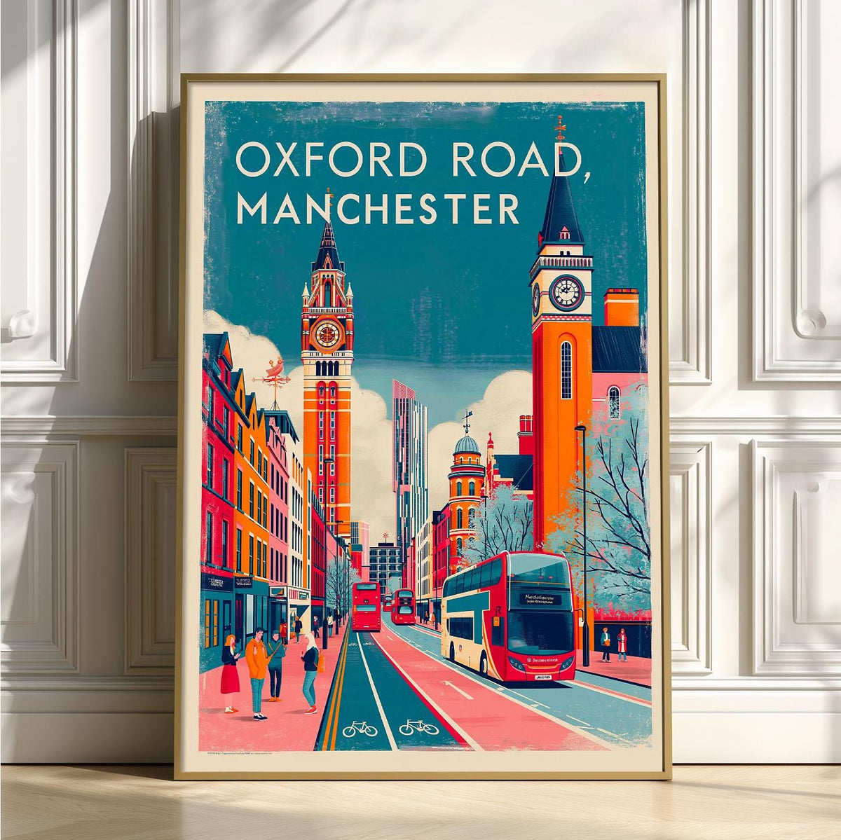 Manchester Oxford Road Print, Red Bus Street Scene, UK City Travel Art
