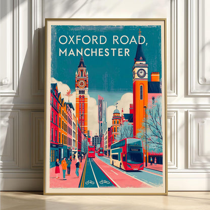 Manchester Oxford Road Print, Red Bus Street Scene, UK City Travel Art