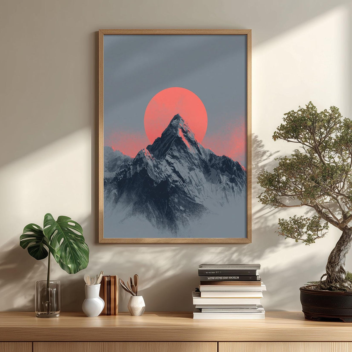 Minimalist Mountain Print, Red Sun Alpine Landscape, Scandinavian Wall Art