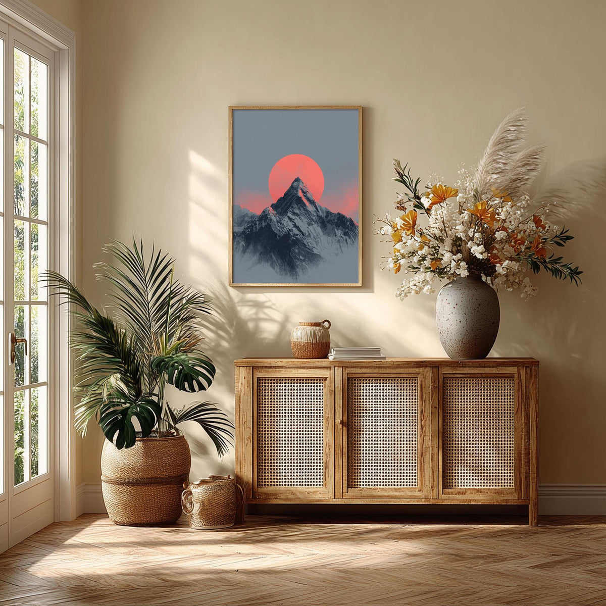 Minimalist Mountain Print, Red Sun Alpine Landscape, Scandinavian Wall Art