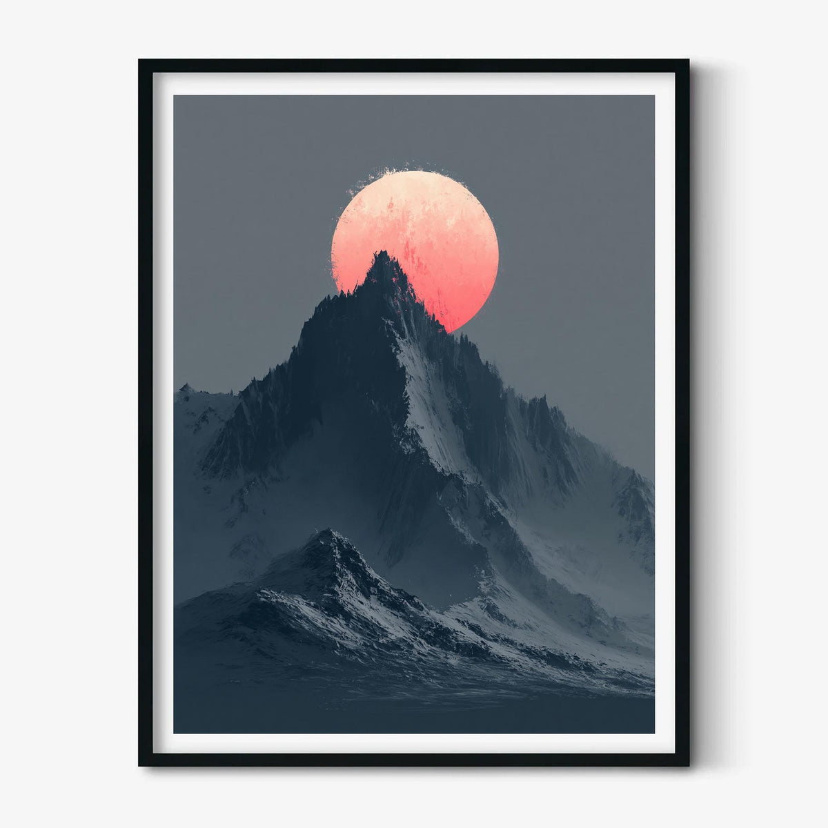 Pink Moon Mountain Wall Art, Snowy Alpine Landscape Print, Minimal Nature Decor