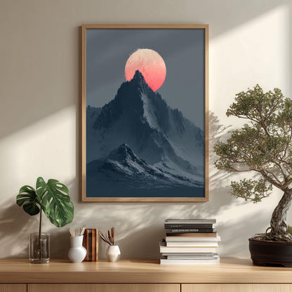 Pink Moon Mountain Wall Art, Snowy Alpine Landscape Print, Minimal Nature Decor