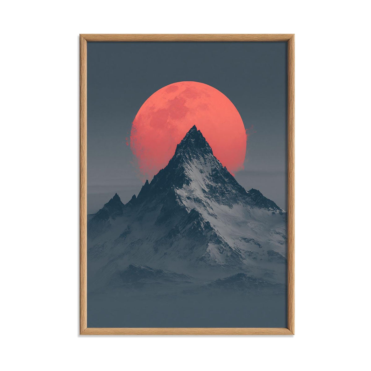 Snowy Mountain Moon Print, Minimal Alpine Landscape Wall Art