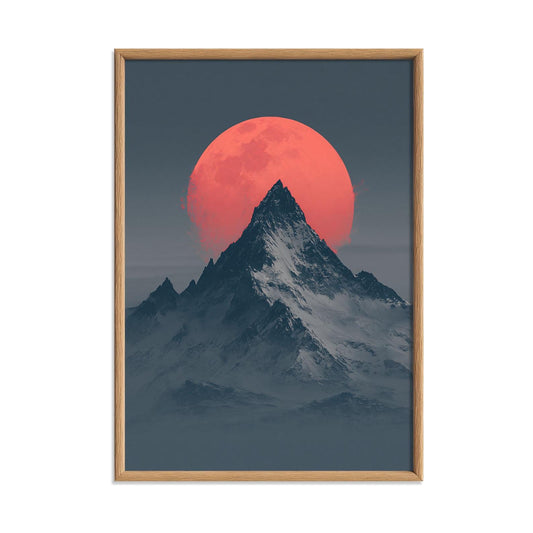 Snowy Mountain Moon Print, Minimal Alpine Landscape Wall Art