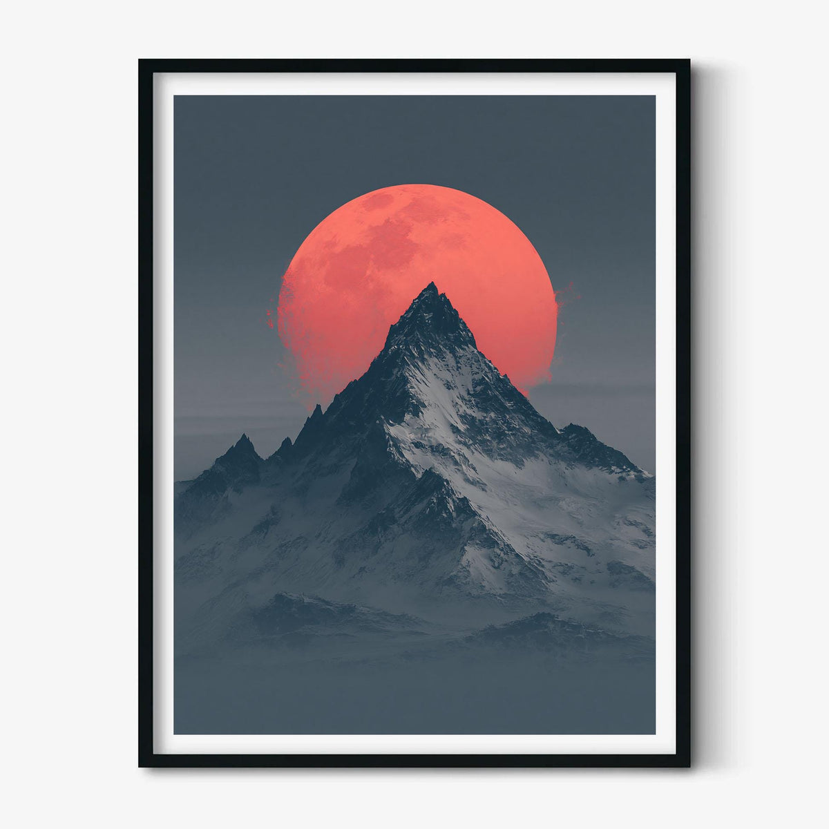Snowy Mountain Moon Print, Minimal Alpine Landscape Wall Art