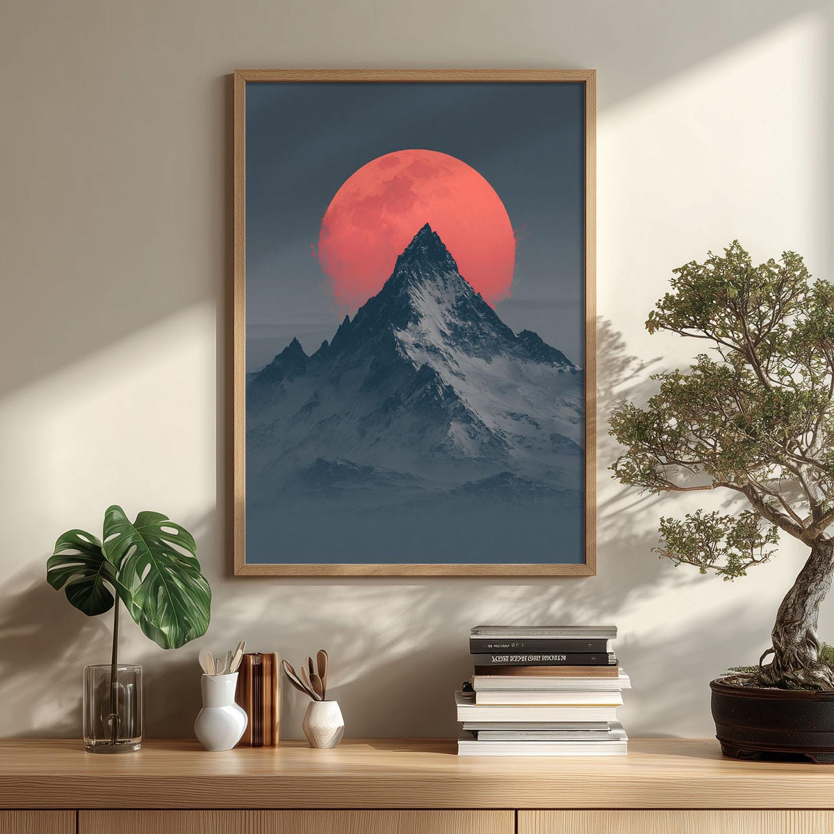 Snowy Mountain Moon Print, Minimal Alpine Landscape Wall Art