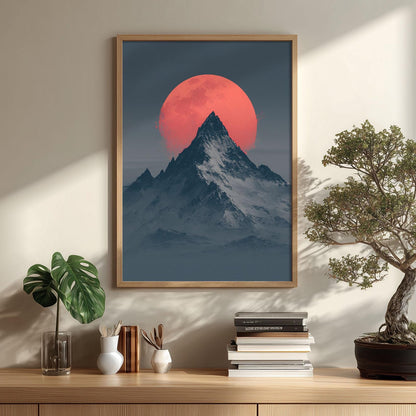 Snowy Mountain Moon Print, Minimal Alpine Landscape Wall Art
