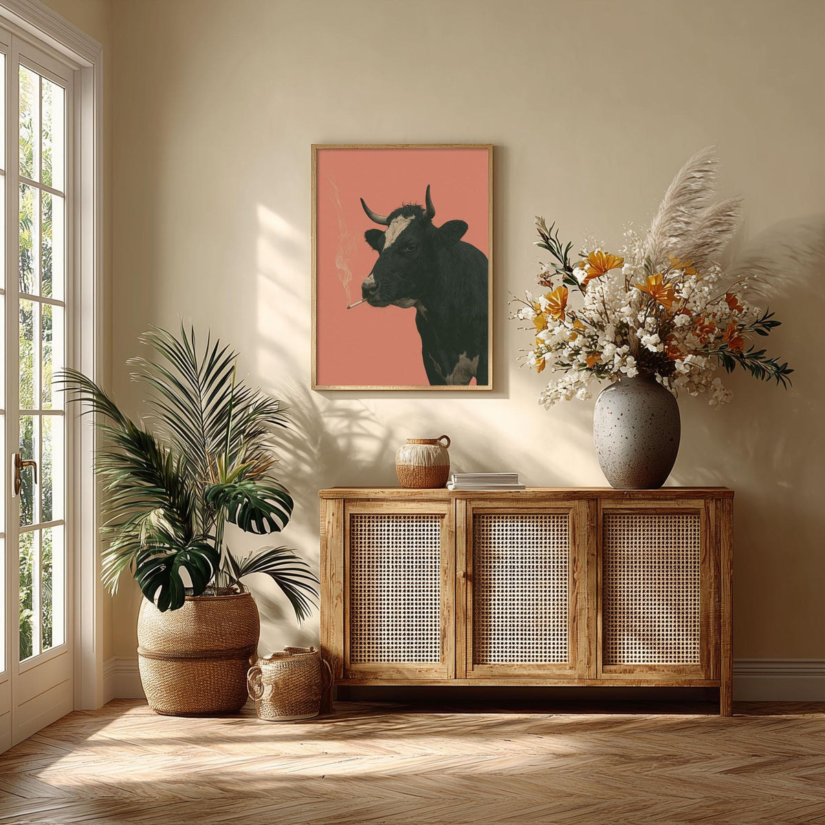 Smoking Cow Wall Art, Funny Cow Poster Print, Quirky Farm Animal Picture, Pink Farmhouse Kitchen Bar Decor