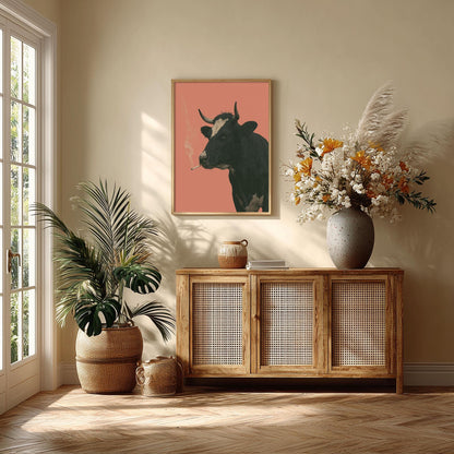 Smoking Cow Wall Art, Funny Cow Poster Print, Quirky Farm Animal Picture, Pink Farmhouse Kitchen Bar Decor