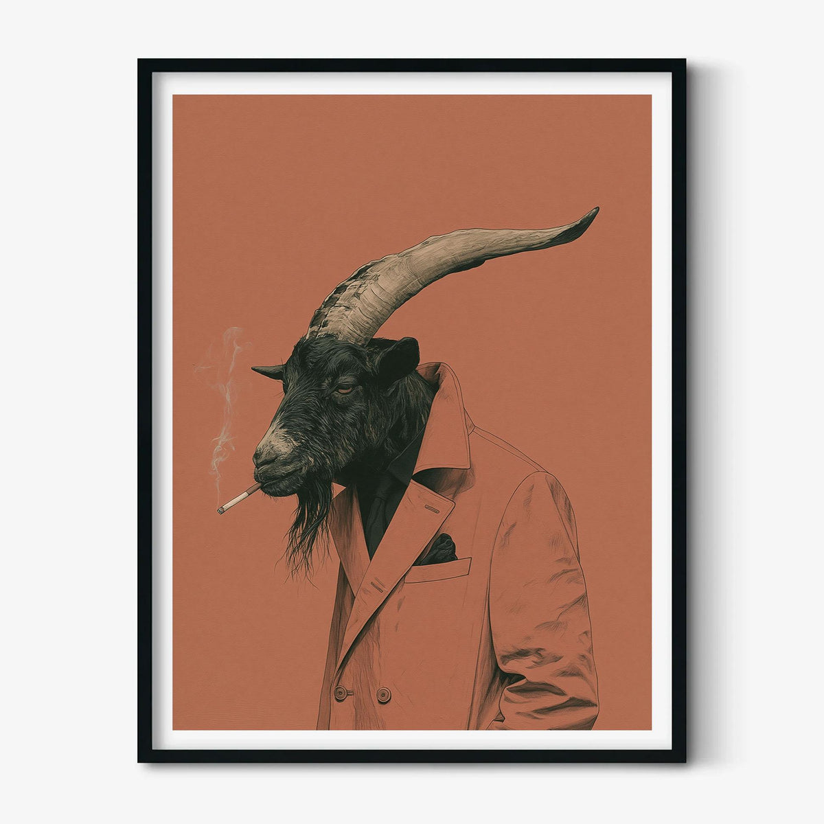 Funny Goat Poster Print, Smoking Goat Wall Art, Quirky Animal Portrait, Pink Rustic Farmhouse Bar Decor