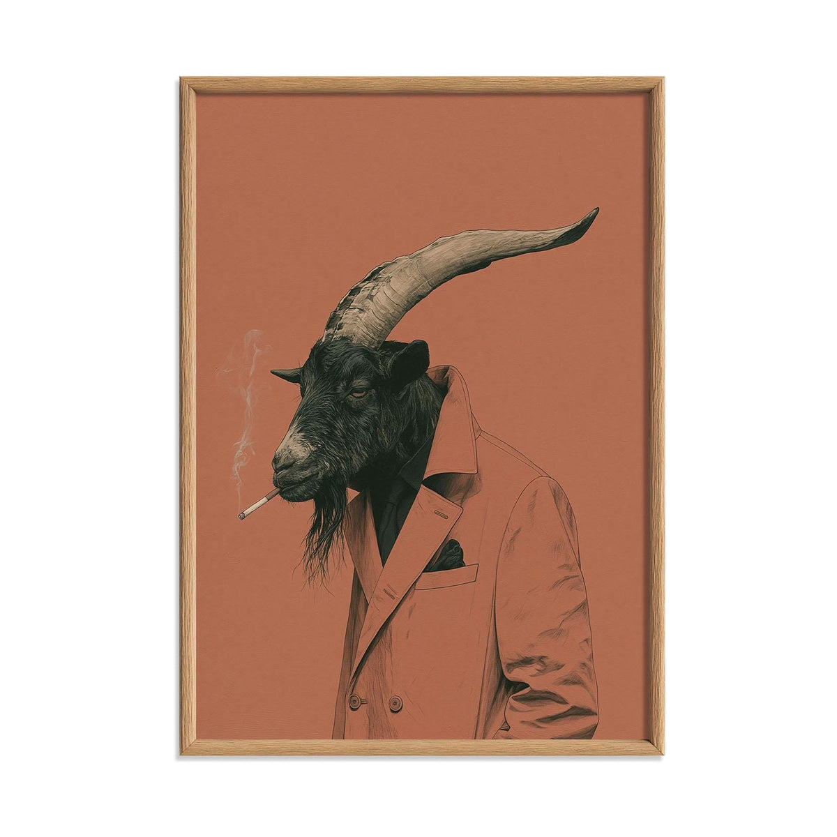 Funny Goat Poster Print, Smoking Goat Wall Art, Quirky Animal Portrait, Pink Rustic Farmhouse Bar Decor