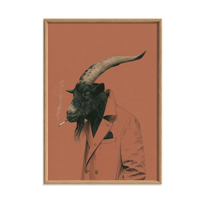 Funny Goat Poster Print, Smoking Goat Wall Art, Quirky Animal Portrait, Pink Rustic Farmhouse Bar Decor