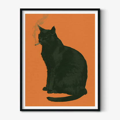 Smoking Black Cat Poster – Funny Cat Print | Quirky Orange Wall Art