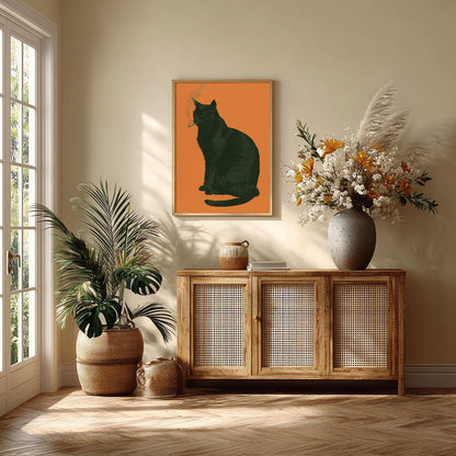 Smoking Black Cat Poster – Funny Cat Print | Quirky Orange Wall Art