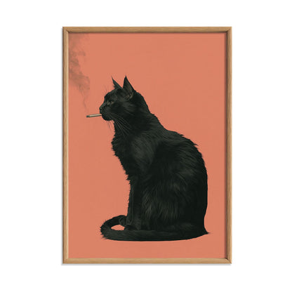 Smoking Black Cat Print – Quirky Animal Poster | Orange Gothic Wall Art