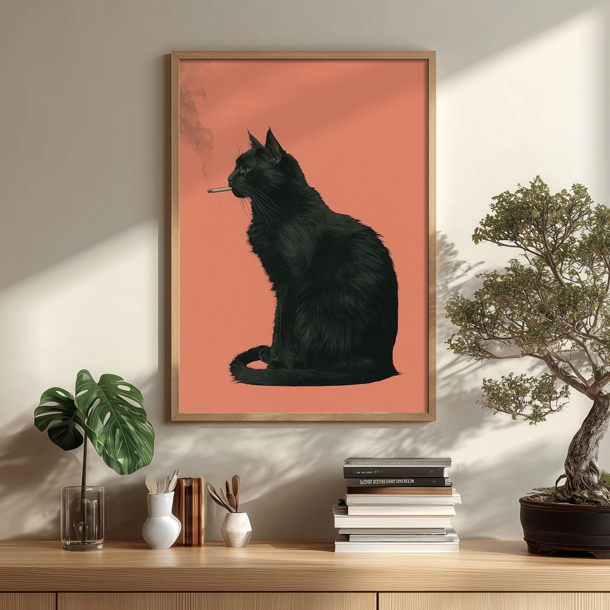 Smoking Black Cat Print – Quirky Animal Poster | Orange Gothic Wall Art