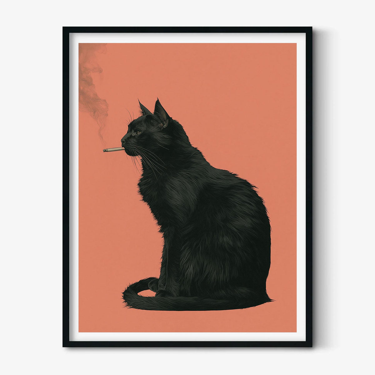 Smoking Black Cat Print – Quirky Animal Poster | Orange Gothic Wall Art