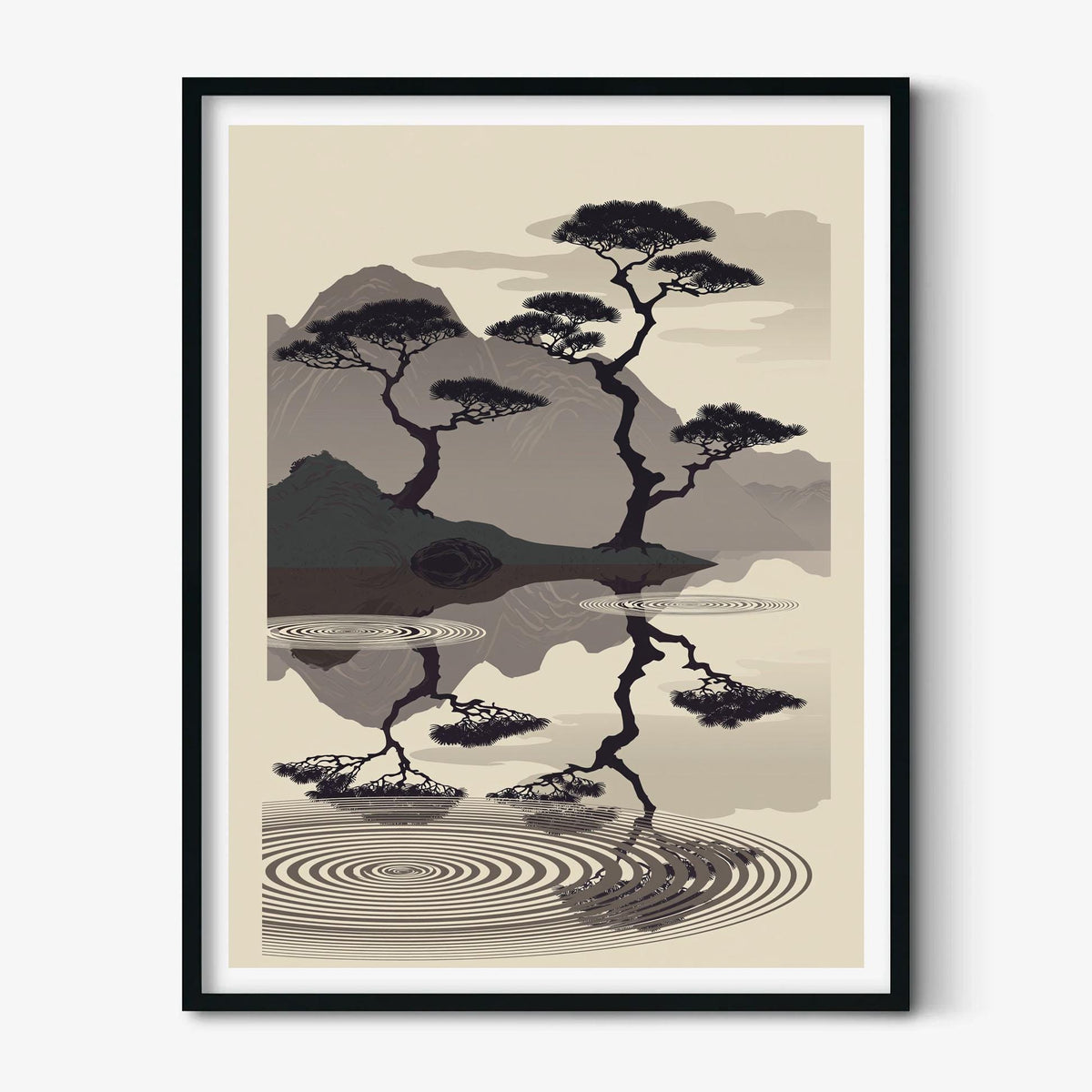 Minimalist Japanese Wall Artwork Print, Monochrome Landscape Poster, Reflective Mountain Decor