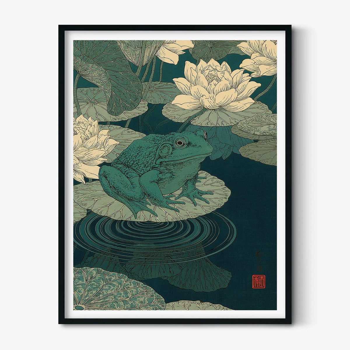 Japanese Frog Waterlily Pond Wall Art Print, Botanical Illustration, Lotus Nature Decor