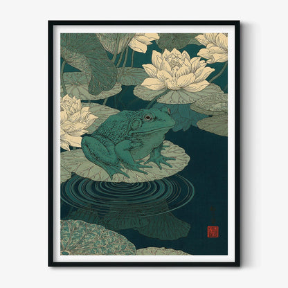Japanese Frog Waterlily Pond Wall Art Print, Botanical Illustration, Lotus Nature Decor