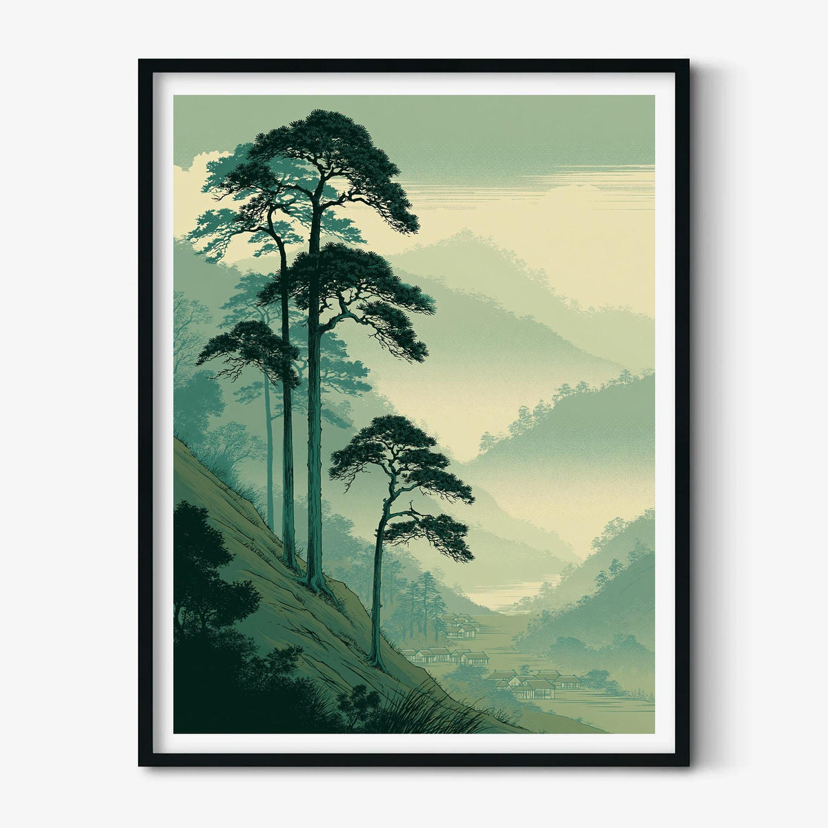Japanese Pine Tree Poster, Misty Mountain Landscape Print, Green Forest Picture, Zen Nature Decor, Asian Wall Decor